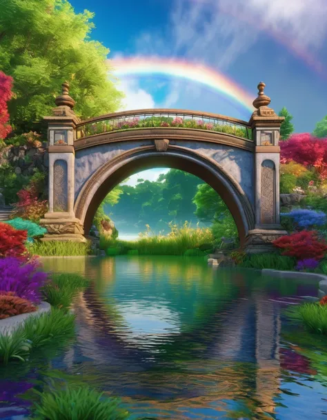 a beautiful rainbow bridge over a serene lake, (best quality,4k,8k,highres,masterpiece:1.2),ultra-detailed,(realistic,photorealistic,photo-realistic:1.37),stunning landscape,dramatic lighting,vibrant colors,reflection on water,detailed foliage,lush greener...