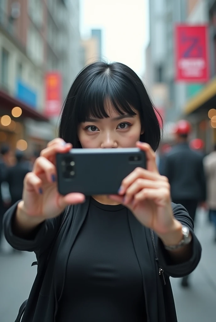 Blunt black haired woman taking selfie on the street