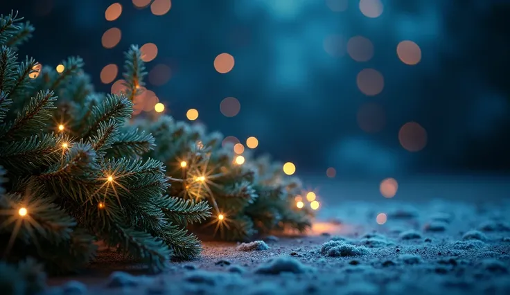 holiday illumination and decoration concept - christmas garland bokeh lights over dark blue background with only lights and blur no plant and props