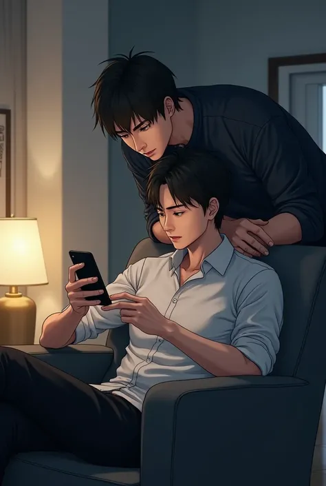 One man is sitting in chair  looking in his phone and other man behind his back looking secretly to see that other man see man phone without knowing him . Anime pic look realistic