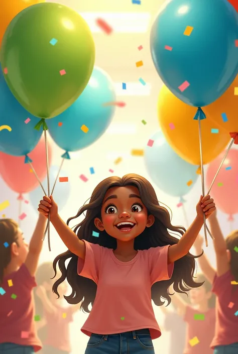 drawing of a girl with slightly dark brown skin and long hair graduating from preschool celebrating with confetti and holding green, blue and yellow balloons not red balloons in the image