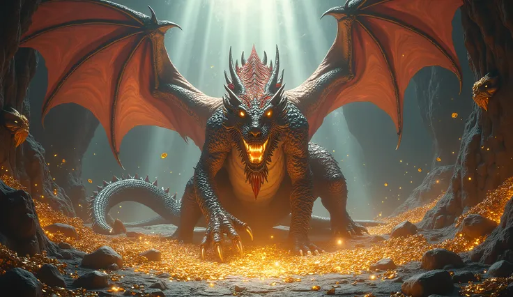 a powerful mythical creather dragon guarding treasures