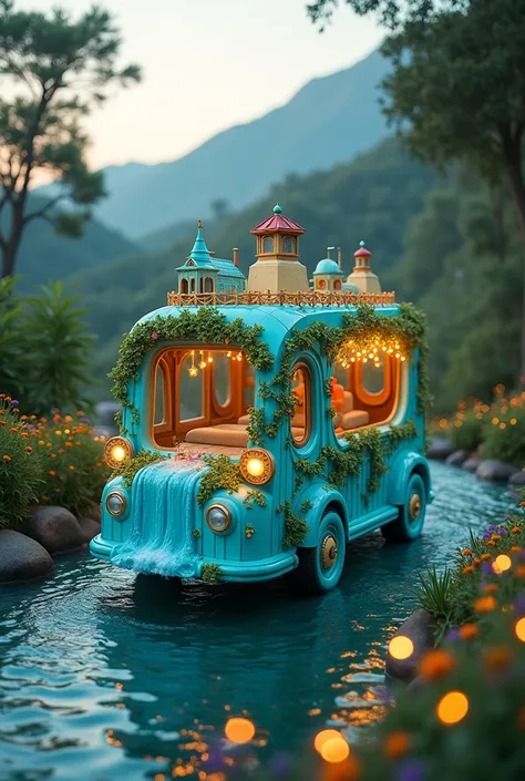 Design a carnival car themed after a waterfall from the Santa Cruz de la Sierra region that has lights that simulate fireflies in the waterfall 
