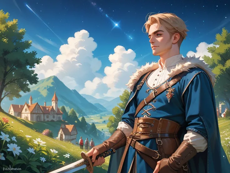 a boy with a sword and medieval clothing watching the starry sky from a hill