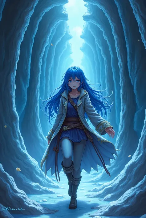 Masterpiece,ultra detailed,anime style, ((Mirror labyrinth)), girl, adventurer costume, anxious expression, blue hair, long hair,