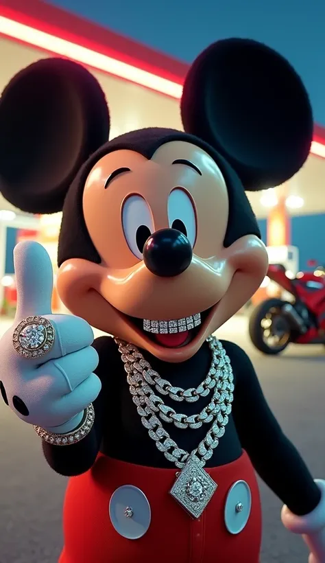 A highly detailed and ultra-realistic image of a character resembling Mickey Mouse with diamond grills on his teeth, smiling widely and holding up one hand to emphasize his grin. He is wearing extravagant diamond accessories, including thick diamond chains...