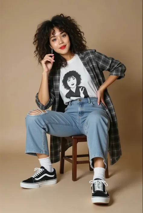 The image features amira seated casually on a stool against a neutral beige background, exuding a relaxed, streetwear-inspired vibe. She wears a white graphic t-shirt with a bold black-and-white portrait print, layered with a loose plaid shirt that drapes ...