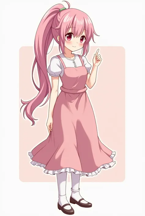 • Age: 28

• Height: 510

Weight: 80kg

• Hair: Ponytail-style long pink and white hair

• Eyes: dark red

• Skin: Fair

Normal dress 

Girl , anime, no realistic, full body, front view, back view , attitude face