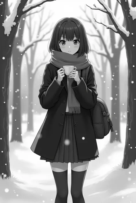 masterpiece,  Best Quality , 1 ******, LOL, grayscale,  manga style , Japanese, chi no wadachi,  black eyes, two, ice cream,  black hair , the school bag, smile, linear drawing, black coat,  black scarf ,  black pleated skirt , leg warmers, centered, 18 ye...