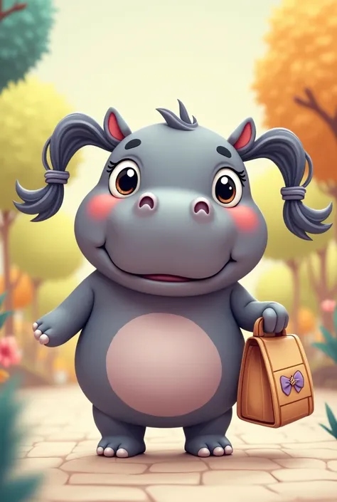 draw a hippotamus cute cartoon carry a bag with right hand and pony tails