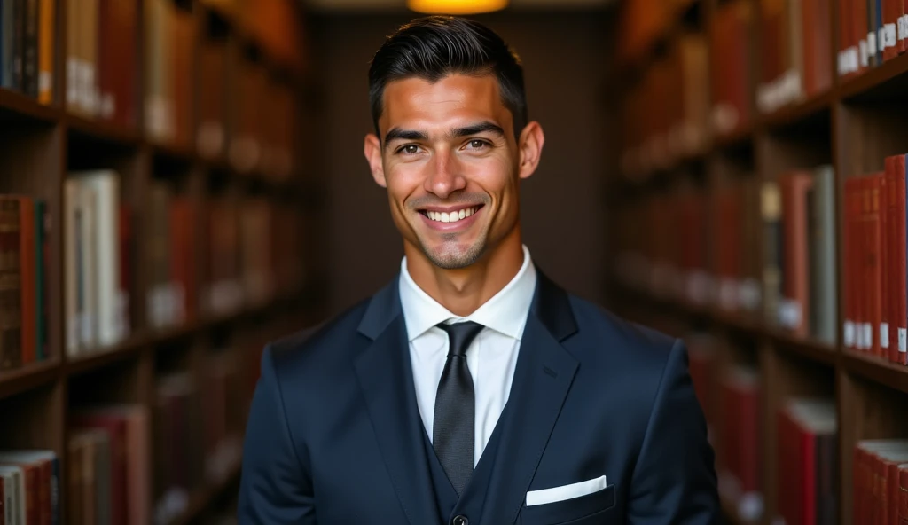 Full body portrait of Ronaldo in a suit, small head, extremely detailed skin, at the library, blurred background.