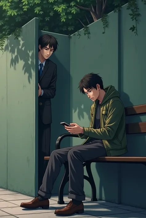 One man is sitting in bench looking in his phone and other man behind the wall  looking secretly to see the other man secretly . Anime pic look realistic