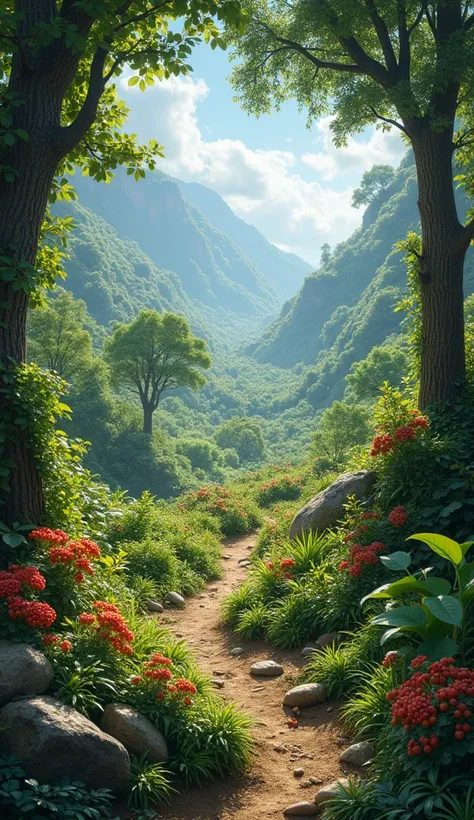 8k image of the earth covered in vegetation, with seed-bearing plants and trees producing fruit with seeds according to their kinds, in a lush and vibrant depiction of the third day of creation, showing Gods satisfaction with the outcome."