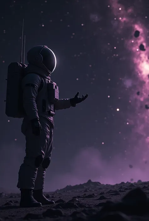 an astronaut in the corner of the image looking forward with his left hand pointing to the side as if he were going to present something
black and purple universe background 