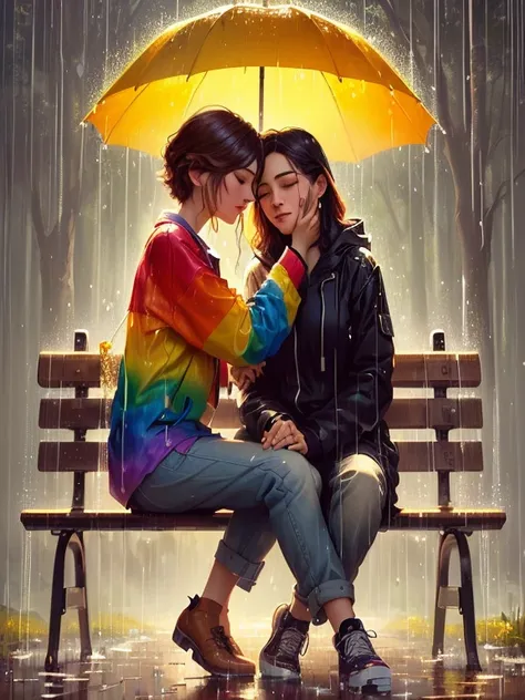 There are two people sitting on a bench under an umbrella, arte lgbt, lesbian art, after the rain and no girls, Cyril Rolando e M. in the woods, Cyril Rolando e M.in the woods,  by Cyril Rolando , pino daeni e dan mumford, under the rain, Cyril Rolando e G...