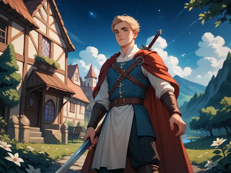 a boy with a sword and medieval clothing watching the starry sky from a hill