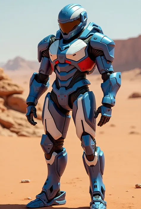 A futuristic russian soldier with mecha suit mix color of clossy blue, glossy white, matte red. 4k uhd. BG in desert. Ratio by 9:16