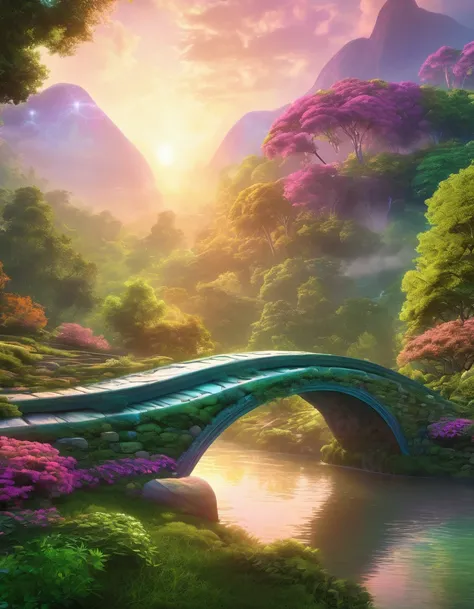 a serene landscape, ethereal rainbow bridge, glowing sunset sky, mystical atmosphere, lush green forest, flowing river, detailed stone bridge, intricate architectural design, soft cinematic lighting, picturesque scenery, vibrant colors, magical realism, fa...