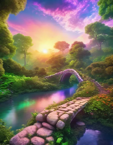 a serene landscape, ethereal rainbow bridge, glowing sunset sky, mystical atmosphere, lush green forest, flowing river, detailed stone bridge, intricate architectural design, soft cinematic lighting, picturesque scenery, vibrant colors, magical realism, fa...