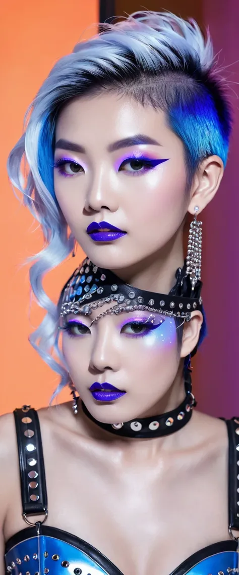  Beautiful Thai Japanese Korean female model portrait , The white porcelain skin ,  high-end cosmetic makeup .  asymmetrically long pixie hair ,  side shaved side with texture laser flash ,  upper part smoky silver ombre neon blue ,  horizontal curls foreh...