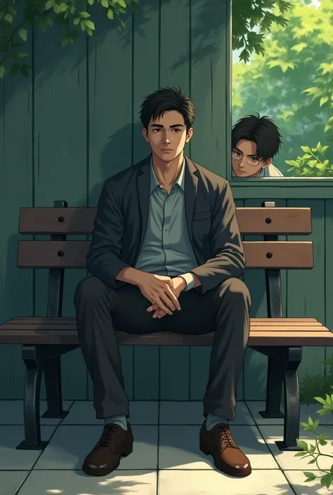 One man is sitting in benche  and other man behind the wall  looking secretly to see the other man secretly . Anime pic look realistic