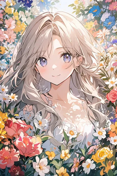 Surrounded by flowers　２０Generation of women　smile　 long hair　