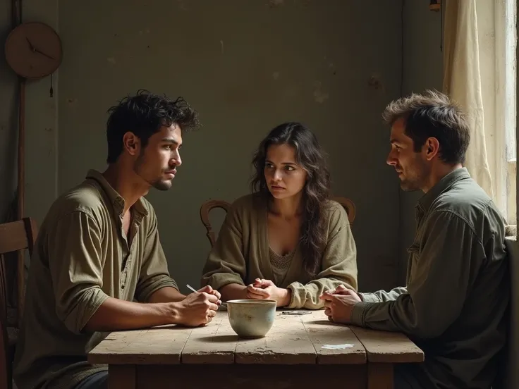 Picture of a poor young man his wife and her brother sitting at the table talking