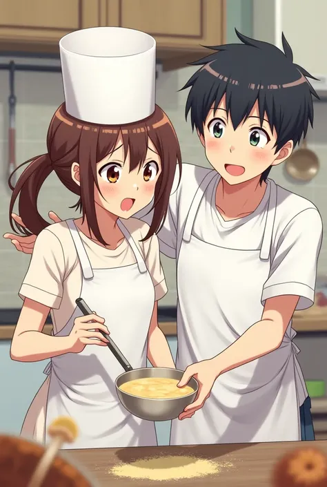  You can make a matching image of Horimiya where Hori comes out with a chefs hat and spatula, and Miyamura catching a bowl with mix  