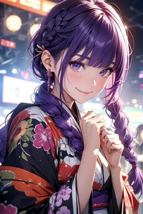 1 person,  short bang ,    braiding   ,  wide sleeve ,    hair accessories,Obi says, (   purple hair:1.2),    very long hair,   ((Catchlight in the eyes:1.35)).    straight hair   ,  audience,   High Resolution Background , (Realistic:1.2),       beautiful...