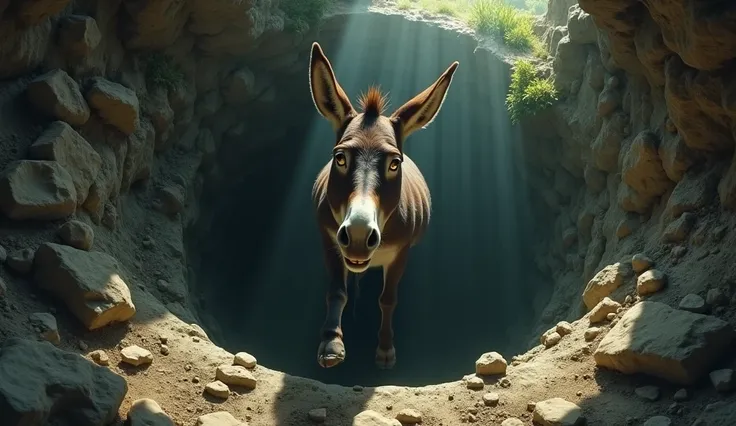 Describe how the donkey accidentally falls into a deep, dry well.

"One day, the donkey accidentally fell into a deep, abandoned well."

