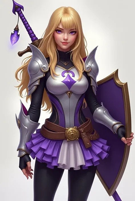 Full body image of a young woman, height 56", healthy white skin, long blonde layered large-waves hair with bangs, large purple eyes, serious expression but smiling and winking, lightweight purple and white chest armor worn overtop of a tight black shirt, ...