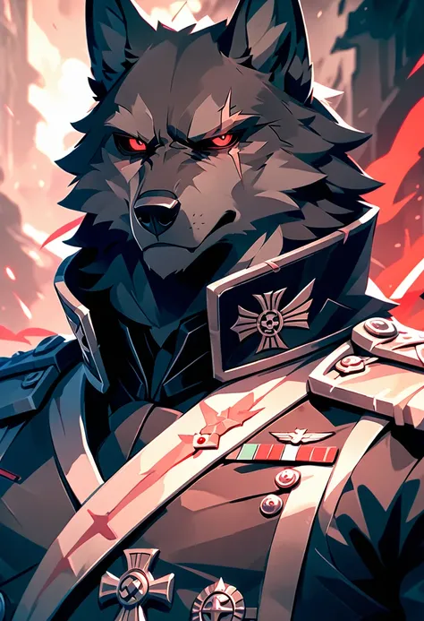 Handsome anthropomorphic black wolf wearing all black german style military outfit, detailed black fur, scar on eye, red eye color, evil, villain, sexy, masculine, arrogant expression, superiority complex, rugged, war general, military general, intimidatin...