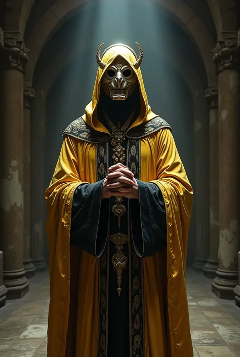 Ancient mage wearing an eerie mage. Gold robes with black trim. Eerie gold and white mask. Close up. Skyrim. The Elder Scrolls. Fantasy art. In a dark dungeon.