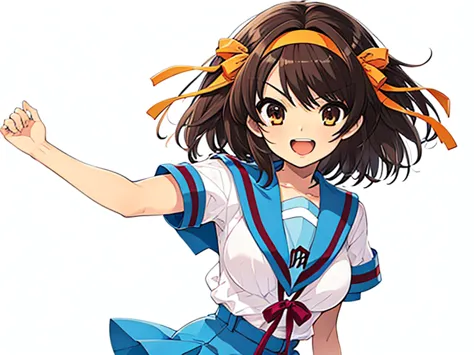 1girl, haruhisuzumiya, brown eyes, brown hair, medium hair, hair ribbon, hairband, kita high school uniform, serafuku, sailor co...