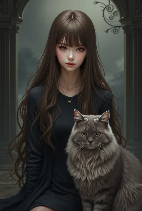 Long straight brown haired anime woman with long bangs with a grey mane coon cat in dark themed wallpaper 