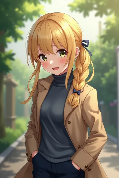 1gril, (solo:1.3), trench, onsen, outdoors, suit jacket, hugging own legs, toki(blue archive), medium breasts,  blonde hair, braids, folded ponytail, hair ribbon, Best quality, masterpiece, super high resolution, surrealism, Aira Azrad, hijab, sweater, cut...