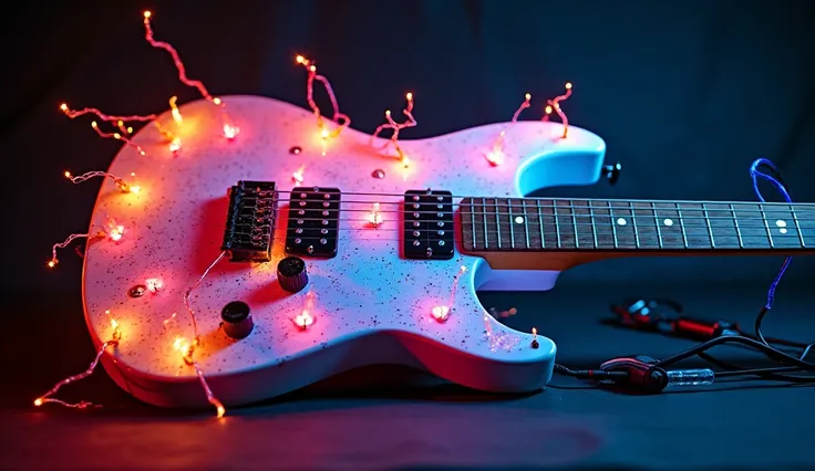 Local Alegre ; fun. colorful. A guitar assembled with electricity in a laboratory.