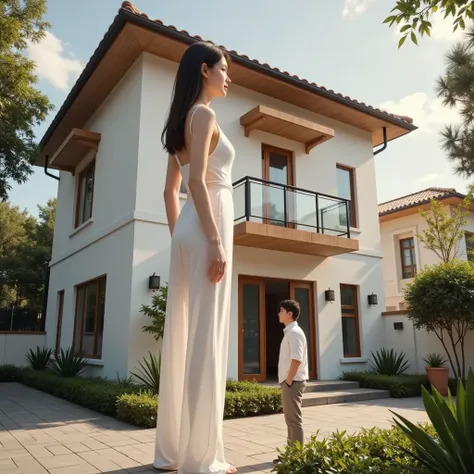 A towering tall and slim Chinese woman, as tall as a two-story villa, standing in front of the villa with her short adult husband. The woman has a slender figure, perfect golden ratio facial features, and a stunningly perfect body. She is wearing a semi-tr...