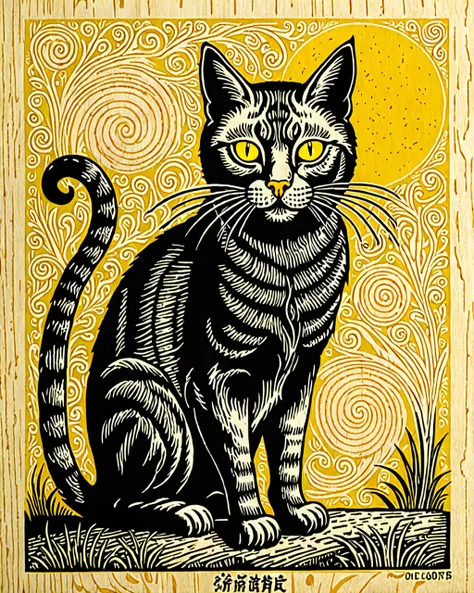 One cat、cat scratch board seen from the front、Woodblock print、 yellow eyes, , Lore、middle ages、Ireland、Celts、 fantasy、Illustrations