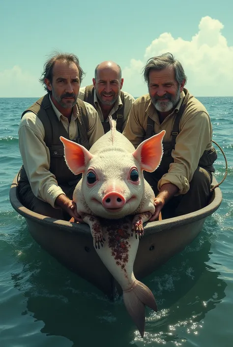 a group of fishermen in a boat, holding in their hands a creature with the body of a pig with 5 black eyes, scales, fins, tail, has wings, is very injured, has spots on its body, high seas, sunny day