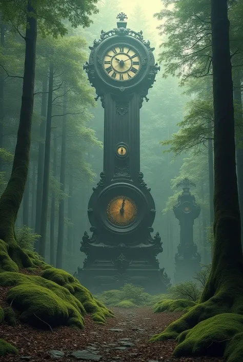 Forest with several giant pendulum clocks on the ground abandoned