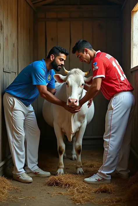 Virat kholi and a Cristiano Ronaldo milking a cow and virat football jersey skillfully and cristiano Ronaldo cricket jersey skillfully on the cow house 