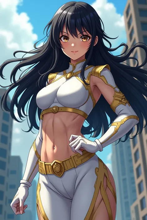 My Hero Academia style , Anime girl, female, young female ,    full body shot  ,(Fighting pose:1.3),  Long hair, Black Hair,    Brown Eyes   ,  hero suit, Full Body Suit, White suit with Gold detail, perfect anatomy, Super detailed, Toughened Abs,( buildin...