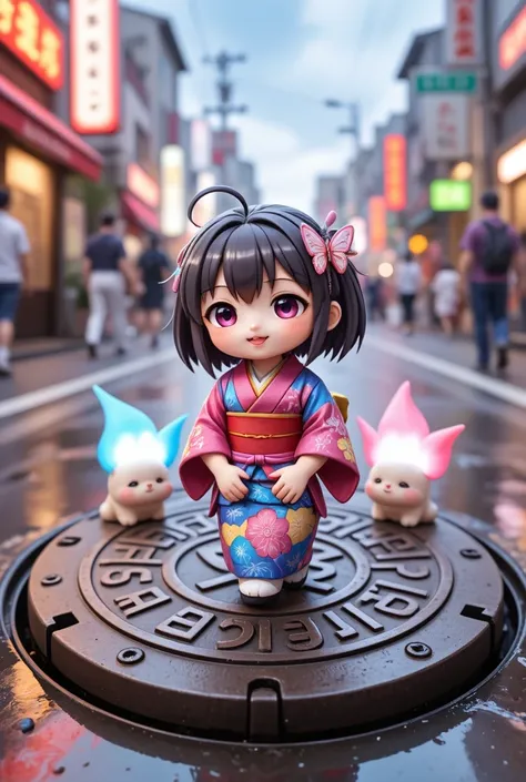 Manhole cover with Japanese anime characters（Chibi Girl、smile、kimono、 butterfly hair ornament with manhole cover、 colorful ）