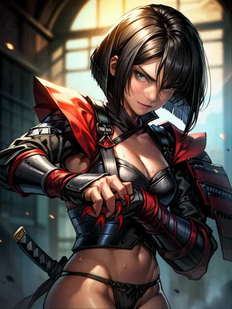 ( high definition ,  pixel perfect,  ((Ninja Shinobi Outfit )), ((( COWBOY SHOOTING ))),  face focus to be interrogated, (( 1 girl )),  (((( Wear claws on arm equipment on both hands)))), Cool atmosphere,  black hair, (((( bob cut from the front)))), ((( b...