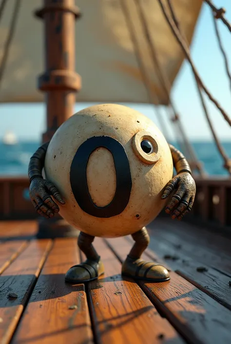 A zero with eyes and hands that is on a pirate ship that is moving
