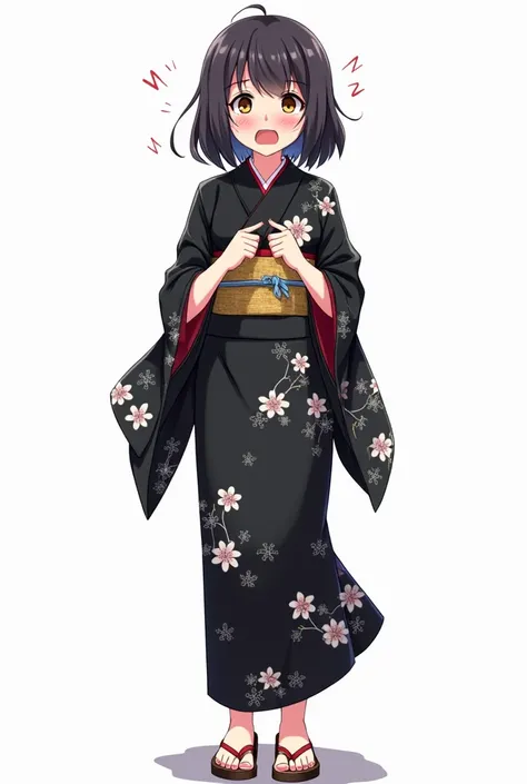 Anime woman with and standing in front of her full legs and geta yukata black and with flowers and worried and with a white background and a full body and with pink nails and with fists on her chest both hands with an emotion of nervousness and with an exp...