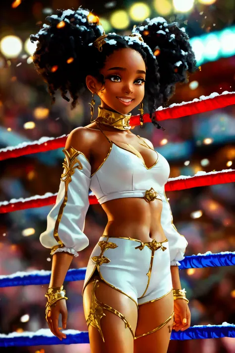 a comic version of a chocolate skinned heavily built cute petite curvy lady with double afro puffs as her hairstyle, clad in a snow white strapped crop top, white sleeves with golden glittery swirls on it and her snow white high waist leggings with more go...