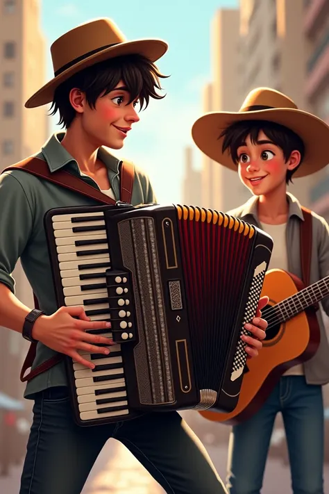   A young man playing accordion next to a teenager, Playing guitar with hat both 