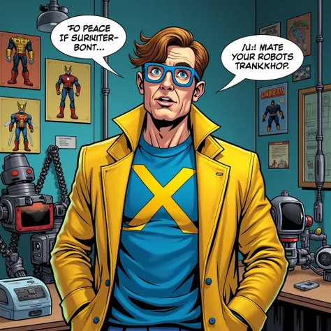  Make a comic of a 45-year-old man ,  with discolored brown hair , wearing a yellow overcoat ,  on a blue shirt with the X-men symbol .  With blue skier glasses  ,  is surprised to see someone entering your robotics workshop .  Robot parts and a robot dog ...